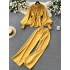 French style high-end round neck lantern long sleeved waist shirt+high waist slimming casual wide leg pants two-piece set