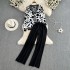 Fashion suit women's loose medium long V-neck knitted sweater jacket two-piece set, high waist hanging straight leg pants