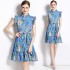 Real time spot new summer high-end mushroom collar with lotus leaf sleeves, waist cinching printed short dress