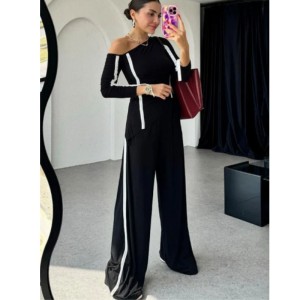 European and American foreign trade women's clothing 2024 autumn new style fashion splicing irregular long sleeved top wide leg pants two-piece set