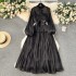 High end dress for women in early spring 2024, new style with a stand up collar, heart mechanism, pleated waist, long version, bubble sleeve dress