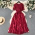 Light luxury high-end round neck short sleeved pleated ruffle edge dress for women with high waist and slimming temperament, casual vacation long skirt