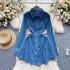 Chic Hong Kong style retro denim dress with a design sense of straps, waist cinching, slimming temperament, breasted slim fit short dress