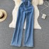 Spring and summer new retro style sexy slimming single breasted denim strapless jumpsuit with feminine temperament wide leg denim pants