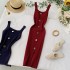 Knitted dress 2020 new summer style square neck slim fit and slimming button up sleeveless vest with slit bottom skirt