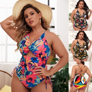 2022 new European and American Amazon one-piece fat woman plus size bikini print gathered hollow tight swimsuit for women