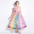 Real time spot spring clothing new ethnic style retro stand up collar lantern sleeves color blocked printed dress