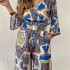 European and American Cross border Spot Women's Set 2024 New Fashionable Multi color Positioning Printed Top Split Wide Leg Pants Two Piece