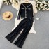 Autumn and winter small fragrant style socialite set women's single breasted spliced jacket+hanging high waist wide leg pants two-piece set trendy