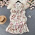 French dress women's 2023 new elastic waistband tie dye ruffled lantern sleeves floral chiffon holiday skirt