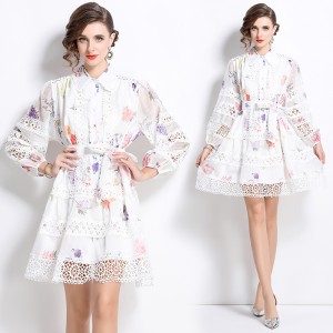 Real time spot 2024 autumn shirt collar custom lace French lantern long sleeved printed dress