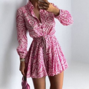 Cross border foreign trade European and American women's clothing 2024 autumn dress new fashionable printed lace up waist cinched shirt dress