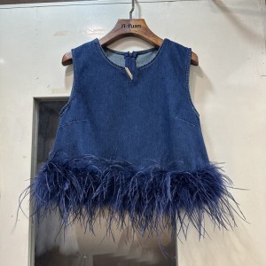 Thai niche new ostrich fur decorative denim vest playful sleeveless top A1 # 8680