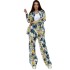 European and American spot 2024 new fashionable printed plus size loose top, high waist wide leg pants, women's casual set