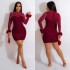 X6030 Cross border AliExpress Amazon European and American Fashion Women's Hot Diamond Transparent Short Skirt Long Sleeve Feather Dress