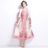 Real time spot new retro temperament gold wire splicing elegant V-neck waist slimming print large swing dress