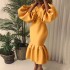 D115 cross-border source African plus size women's fashion solid color V-neck bubble long sleeved fishtail skirt European and American dress