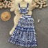 European and American style blue and white porcelain print set for women's summer pure desire to expose waist camisole vest+high waist mid length skirt