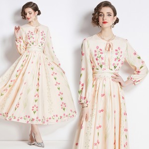 Real time spot European station new imperial style socialite slimming off, big swing long skirt, stunning printed dress