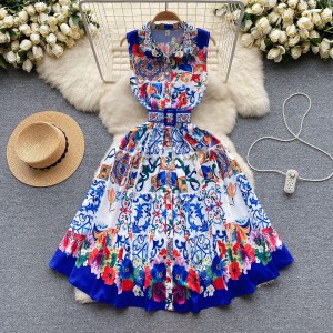 French court style dress for women 2024 new sleeveless vest, niche print, waist cinching and slimming, grand dress dress