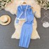 Fashionable V-neck long sleeved knitted top shawl cardigan two-piece set, medium to long, tight fitting elastic hip hugging dress