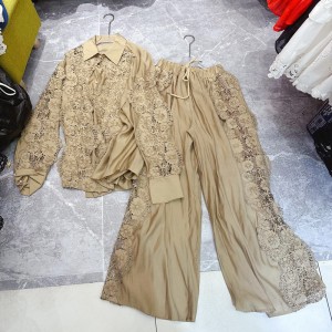 Australian Heavy Industries Lace Hook Flower Casual Long Sleeve Shirt+Elastic Side Splicing Lace Pants Set A3 # 8133