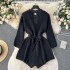 Korean chic fashionable knitted jumpsuit for women in autumn and winter, with a design sense of hollow out round neck and waist cinched sweater shorts