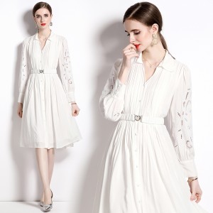 Real time spot new socialite style hollow out embroidery pleated single row slim fit dress