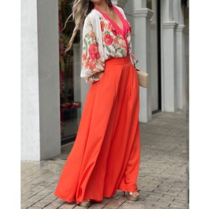 Spot European and American new cross-border women's clothing fashion temperament commuting plus size long sleeved top high waist wide leg pants set