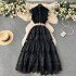 French temperament, high-end feel, stand up collar, hollowed out embroidery, lace stitching, sleeveless waist cinching, slimming and elegant dress