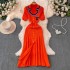 Autumn and winter small fragrance style socialite short sleeved contrasting embroidery suit collar, waist cinching slimming single breasted A-line knitted dress