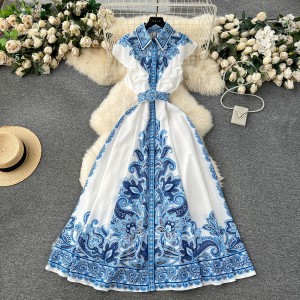 Palace style dress and skirt design with ruffled sleeves for slimming effect, retro printed style dress for women in spring