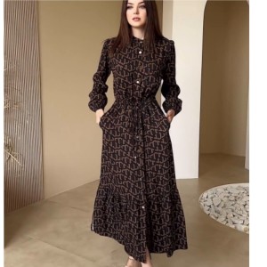 Amazon Cross border 2024 Autumn New Fashionable and Elegant Style Tie up Waist Dress Single breasted Long Dress