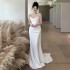 French strapless light wedding dress 2024 new bride simple satin high-end feeling outdoor veil fish tail white dress