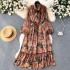 French retro light mature style bow tie lantern long sleeved print cinched waist slimming temperament chiffon dress trendy