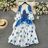 European and American style 2024 new women's dress with oversized skirt print, pleated pleats, waist cinching, and lace up for vacation