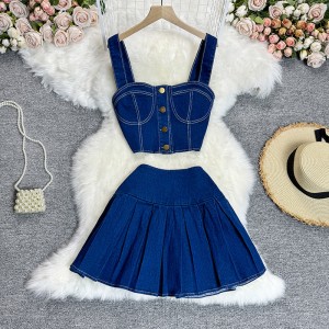 Chic Hong Kong style retro spicy girl style set short camisole vest versatile mini skirt denim two-piece set trendy