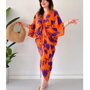 2024 New Loose Bat Sleeve Fashion Casual Printed Drawstring Irregular Women's Dress in European and American Foreign Trade Spot