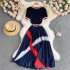 Knitted short sleeved design with color blocked stripes, heavy-duty pleated chiffon dress, 2022 new summer slimming dress