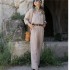 European and American foreign trade women's clothing 2024 summer new fashionable solid color long sleeved top belt suit casual pants two-piece set