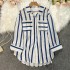 2024 Spring New Medium to Long Vertical Striped Shirt Jacket for Women, Korean Edition, Casual Loose Collar, Versatile Top, Trendy