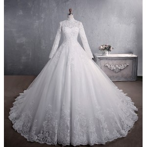 European and American Wedding Lace 2023 New Bridal Stand Collar Long Sleeve Stand Collar Large Tail Large Size Muslim Wedding Dress Customization