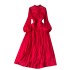 High end dress for women in early spring 2024, new style with a stand up collar, heart mechanism, pleated waist, long version, bubble sleeve dress