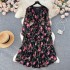 French dress women's 2023 new elastic waistband tie dye ruffled lantern sleeves floral chiffon holiday skirt