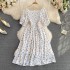 2023 summer new French gentle style sweet square neck bubble short sleeved waist slimming slit A-line dress