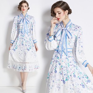 Real shot French court style long sleeved printed lace patchwork dress in stock