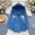 Chic Hong Kong style retro denim dress with a design sense of straps, waist cinching, slimming temperament, breasted slim fit short dress