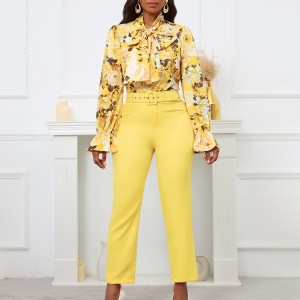 D457 Amazon Europe and America New Fashion Printed Strap Long Sleeve Top High Waist Western Pants Casual Pants Foreign Trade Set