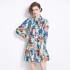 Real time spot new women's clothing French retro printed lace up loose slimming dress