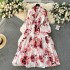 2024 early spring new French style bow collar, waist cinching and slimming mid length retro printed dress with temperament